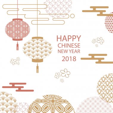 Yeni Yılınız Kutlu Olsun. Çin yeni yıl tebrik kartı geleneksel Asya desenleri, oryantal çiçek ve bulutlar.