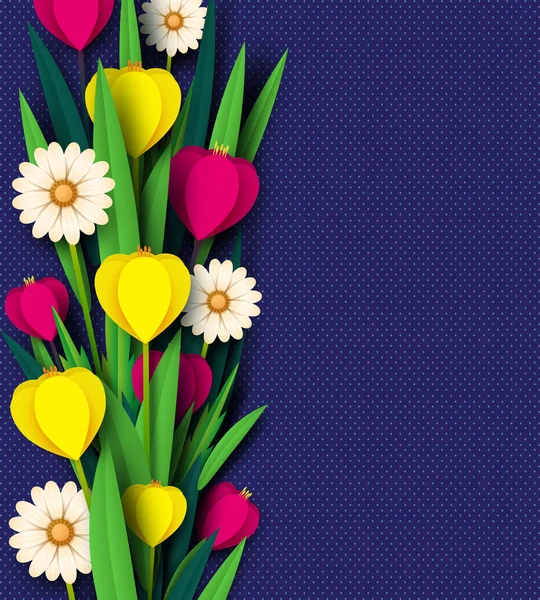 Papel cortado flores da primavera tulipa e camomila. Modelo para cartão de felicitações, fundo de férias. Estilo de papelaria . — Vetor de Stock