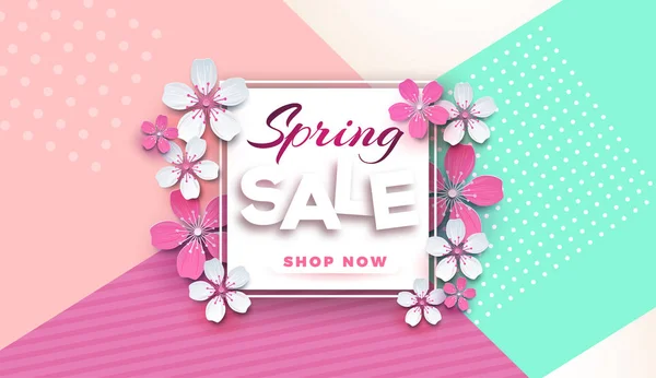 Lente verkoop floral banner met papier knippen bloeiende roze cherry bloemen op een stijlvolle geometrische achtergrond voor seizoensgebonden spandoekontwerp, flyer, poster, website. — Stockvector