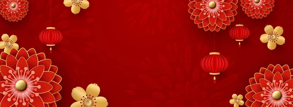Chinesische Grußkarte für das neue Jahr 2020. Rote Chrysanthemen und goldene Sakura-Blumen, Wolken und asiatische Elemente auf rotem Hintergrund. Vektor — Stockvektor