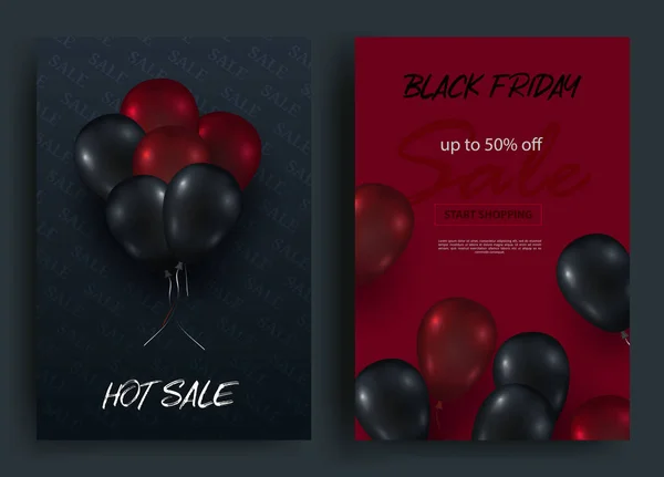 Bannières verticales de vente de vendredi noir. Ballons brillants volants sur un fond sombre et rouge. Vecteur — Image vectorielle