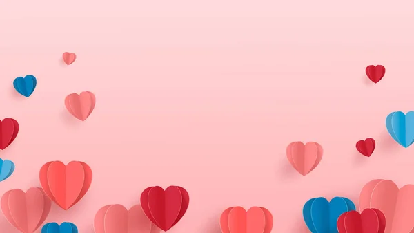Abstract 3D illustratie gesneden papier van roze en blauwe hartvorm met inscriptie liefde en kleine harten. Vector kleurrijke wenskaart sjabloon in papier snijden stijl. Vector — Stockvector