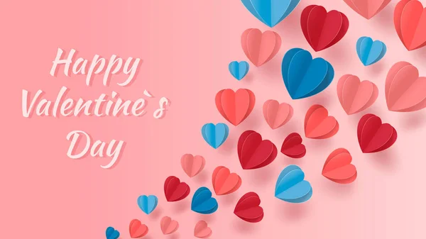 Abstraktní 3D ilustrace řezaný papír růžového a modrého tvaru srdce s nápisem lásky a malých srdcí. Vektorové barevné přání šablony v papírovém řezbářském stylu. Vektor — Stockový vektor