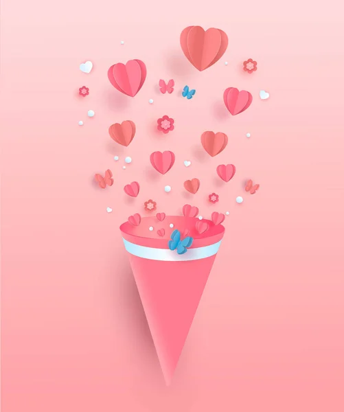 Paper flying elements on a pink background. Vector heart shaped love symbols for Happy Women, Mother s, Valentine s Day. Vector — 스톡 벡터