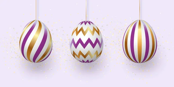 Composição de ovos de Páscoa. Fundo festivo Em um fundo claro, ovos de Páscoa dourados brancos com padrões geométricos. Modelo para cartazes e cartazes para venda banners,. — Vetor de Stock