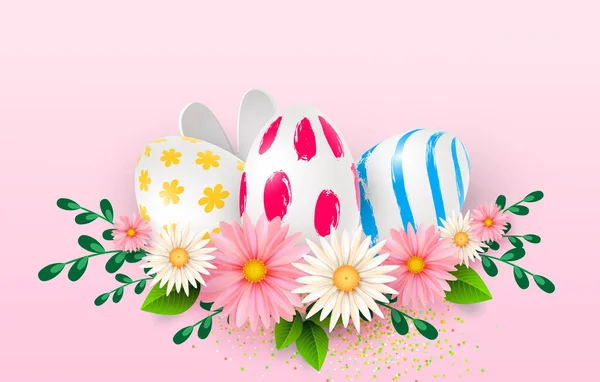 Tarjeta de Pascua con huevos 3D realistas sobre un fondo claro. Ilustración vectorial Lugar para su texto. Huevos decorados con pequeños motivos florales y geométricos. Flores de primavera. Vector — Vector de stock