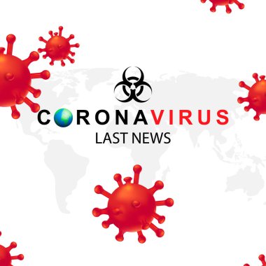 Yeni Coronavirus 2019-nKoV. Gizli virüs 19-NKP. Gerçekçi 3 boyutlu kırmızı virüs hücreleri olan bir arka plan. Tehlikenin sembolü. Son haberler. Vektör illüstrasyonu