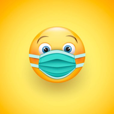 Koruyucu cerrahi maskeyle gülümse. Coronavirüs salgını için ikon. Hastalığın yayılmasını önlemek için tıbbi maske takın. Vektör