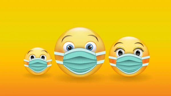 責任を持って保護してください-医療用マスクの3D黄色の顔文字の家族。病気の広がりを防ぐために医療用マスクを着用してください。ベクトル — ストックベクタ