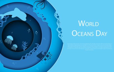 Kağıt sanatı Dünya Okyanus Günü konsepti. Okyanusların, suyun ve ekosistemlerin korunması ve korunmasına adanmış bir tatil. Mavi 3d origami kraft kağıdı. Deniz dalgaları, balıklar ve bitkiler. Vektör illüstrasyonu.