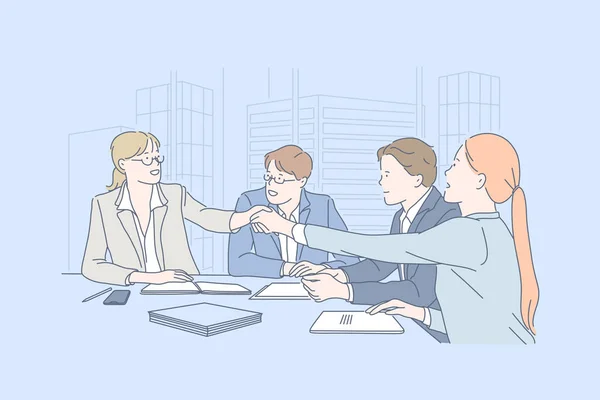 Business, teamwork, onderhandelen, overeenkomst concept. — Stockvector
