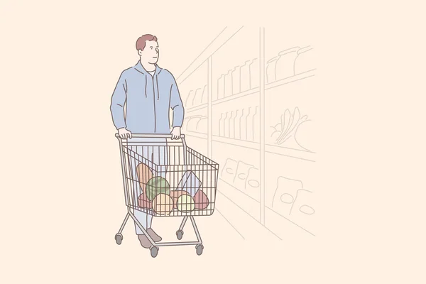 Compra de comestibles, grandes almacenes, concepto de comercio — Vector de stock