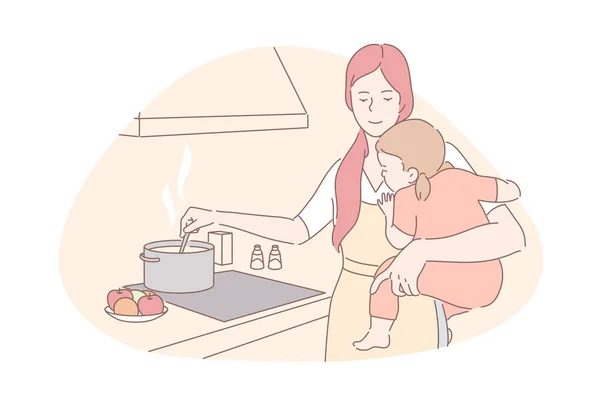Šťastné mateřství, hlídání dětí, domácí práce koncept — Stockový vektor
