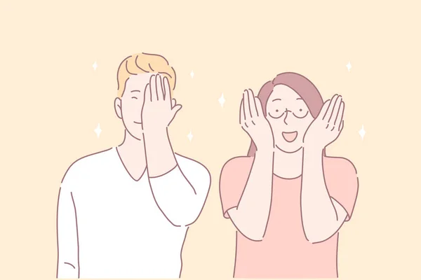 Facepalm gesture, joyful mood, funny situation concept — Stock vektor