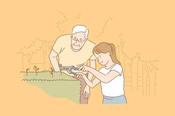 Οικογένεια, φροντίδα, κηπουρική, έννοια ομαδικής εργασίας — Διανυσματικό Αρχείο