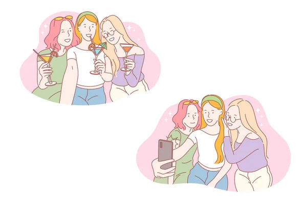 Fiesta, selfie, amistad, concepto de conjunto de redes sociales — Vector de stock