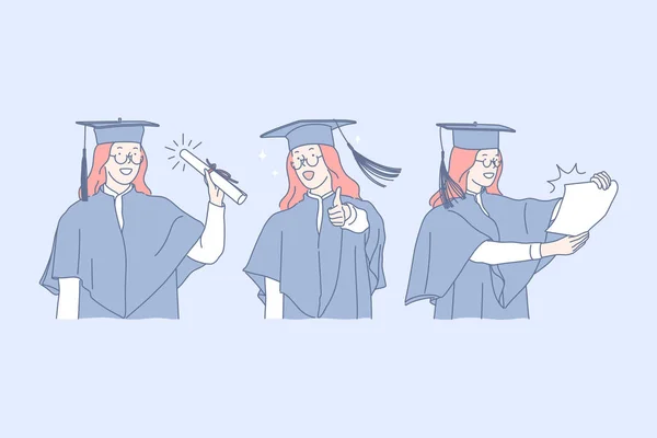 Освіта, випуск, успіх, концепція набору дипломів — стоковий вектор
