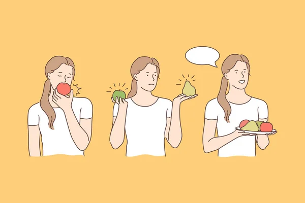 Salud, vegetariano, concepto de conjunto de frutas — Vector de stock