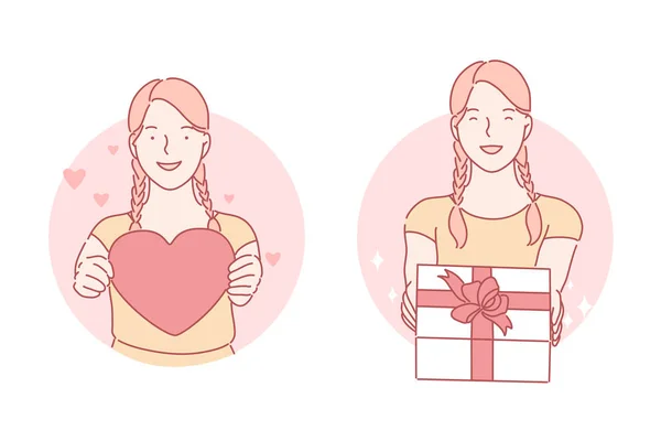 Heart, gift, birthday set concept — Stock Vector