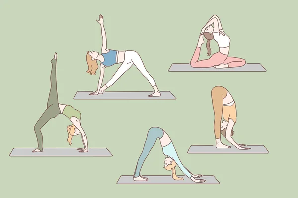 Yoga, salud, asanas set concept — Vector de stock