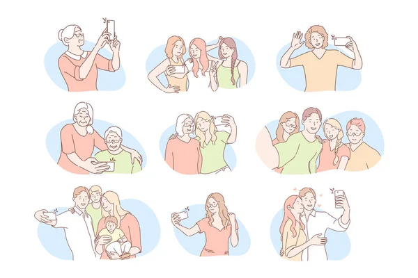 Comunicación en redes sociales, concepto de selfie set — Vector de stock