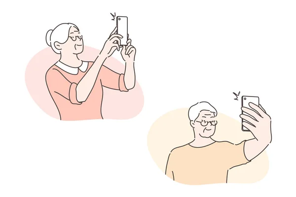 Las personas mayores se toman selfie, concepto de conjunto de redes sociales — Vector de stock