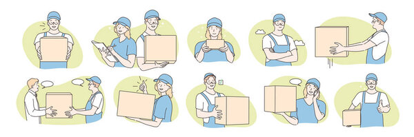 Set of postmen, delivery concept