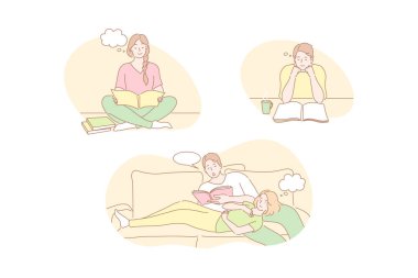 Reading books, study, learning, education set concept