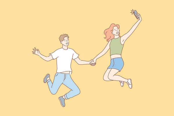 Springende Menschen, Selfie, Paar, Freizeitkonzept — Stockvektor