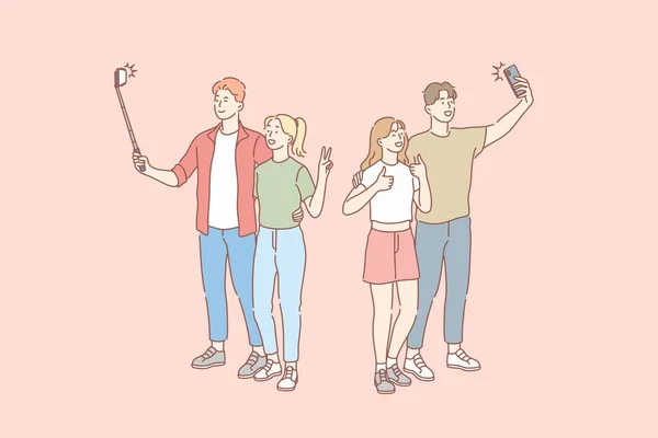 Selfie, blog, rede social, conceito de casal —  Vetores de Stock