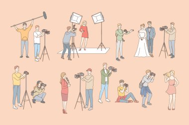Fotoğraf ve video çekimi, paparazzi, gazetecilik seti konsepti.