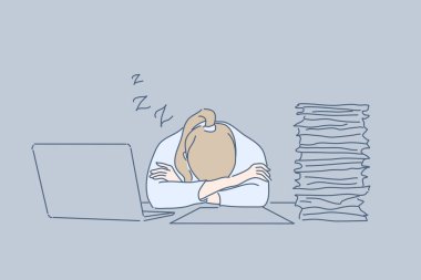 Overworking, sleep, office, fatigue, stress, business concept clipart