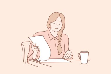 Büro katibi rapor, denetim, sözleşme, iş konsepti okuyor.