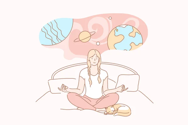 Dromen, yoga, meditatie, ontspannen, verbeelding concept. — Stockvector