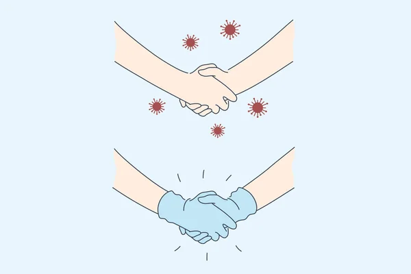 Handschudden, contact, bescherming, covid19, coronavirus, concept infectieset. — Stockvector