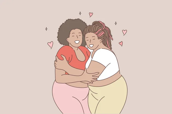 Body positive, hugging, love, lgbt, friendship concept — Stock Vector