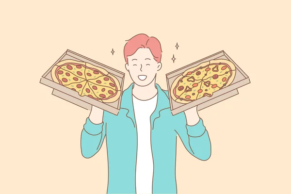 Pizza, jedzenie, dostawa, koncepcja szczęścia — Wektor stockowy