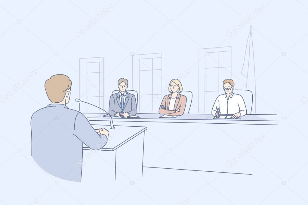 Law Adjustment Court Concept Young Man Criminal Attorney Cartoon Character Takes Floor Speaking In Front Of Judges At Hearing Meeting In Courtroom Prosecution And Defence Speech System Of Justice Premium Vector Law Adjustment Court Concept Young Man Criminal Attorney Cartoon Character Takes Floor Speaking In Front Of Judges At Hearing Meeting In Courtroom Prosecution And Defence Speech System Of Justice Premium Vector