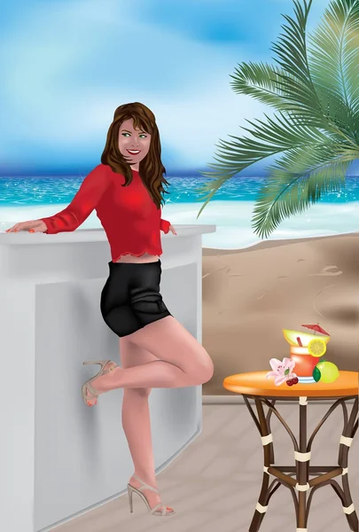 Chica apoyada en el mostrador del bar de playa — Vector de stock