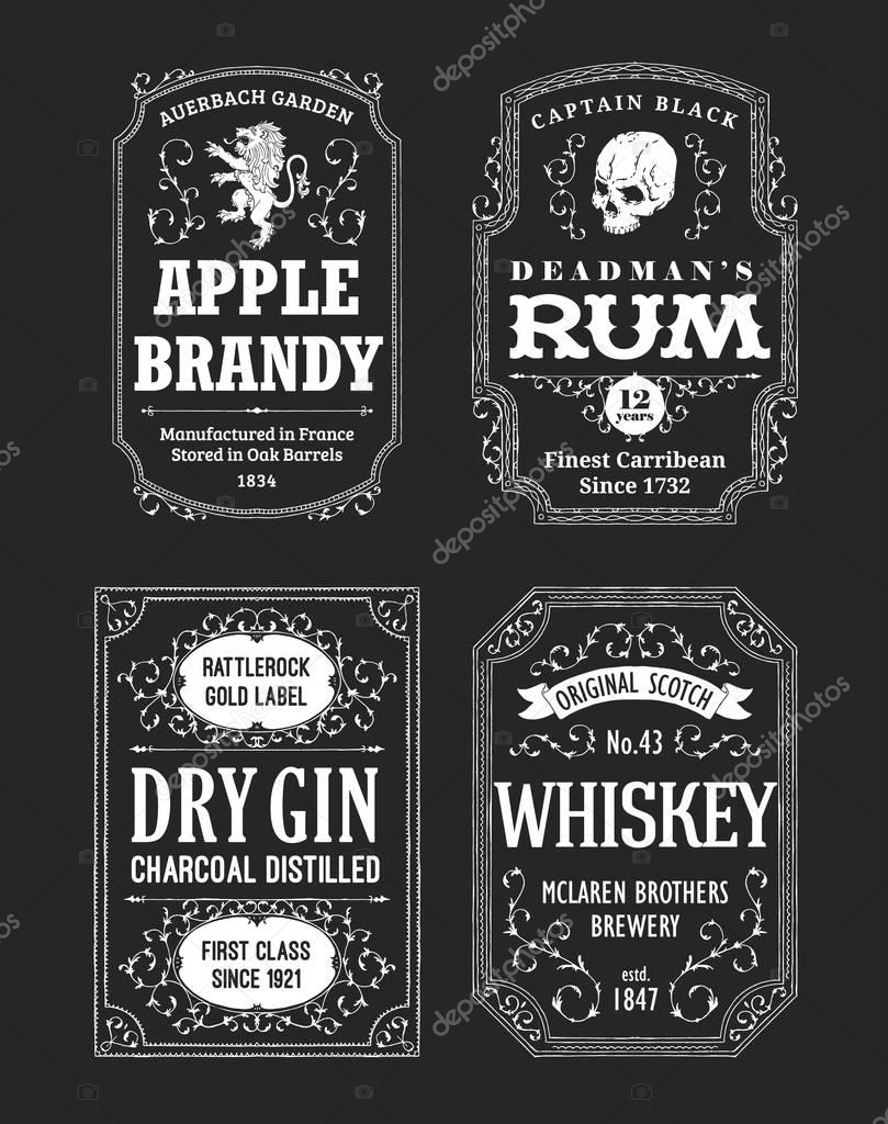 Hand drawn vector alcoholic beverages labels set. Whiskey, rum, gin and brandy bottle stickers design set. Black and white vintage frames with flourishes and twirls.