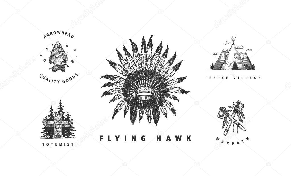 American indian vector logos collection. Cool hand drawn sketchy badges and labels. Feather headdress, totem, teepee, arrowhead, tomahawks.