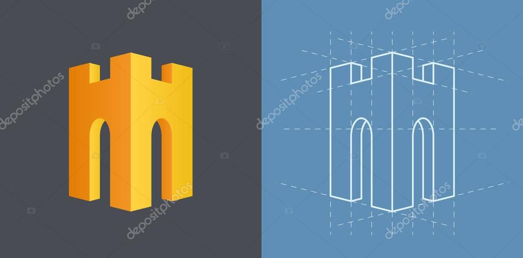 Vector modern flat logo with a medieval tower looking like a helmet with a nose guard. Expressing protection, safety, responsibility, loyalty, power, force. Blueprint with grid guidelines.