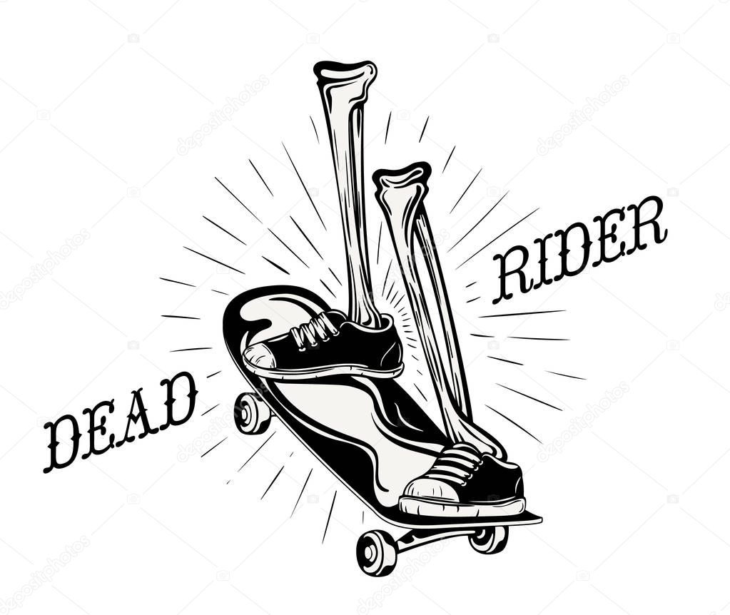 Cool grunge logo for a skater shop. Skeleton legs riding a skateboard.