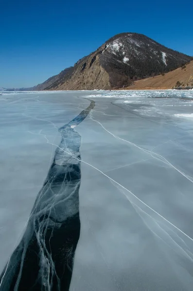 Rusko Úžasné Průhlednost Ledu Jezera Bajkal Kvůli Nedostatku Sněhu Extrémní — Stock fotografie