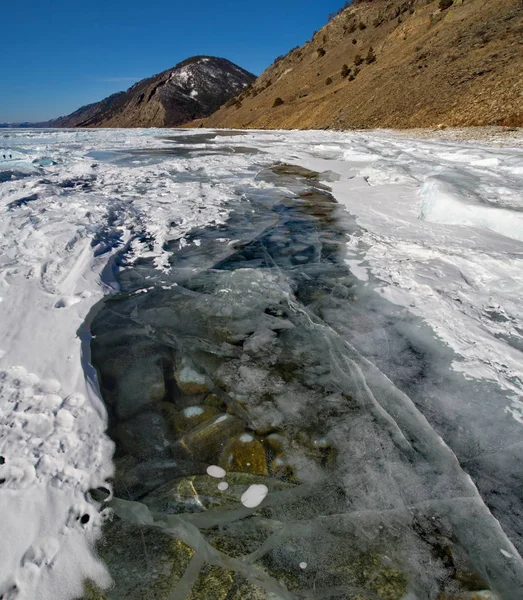 Rusia Increíble Transparencia Del Hielo Del Lago Baikal Debido Falta —  Fotos de Stock