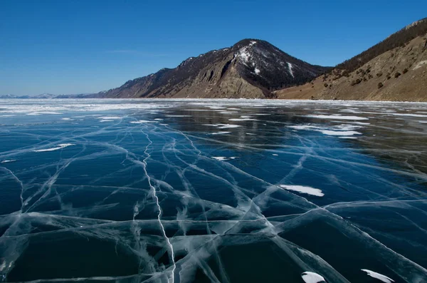Rusko Úžasné Průhlednost Ledu Jezera Bajkal Kvůli Nedostatku Sněhu Extrémní — Stock fotografie