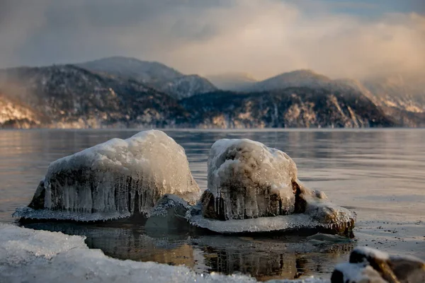 Rusya. dağ Altay. Rağmen güçlü Sibirya frosts, Teletskoye Gölü tamamen bir kez beş yıl içinde donuyor..