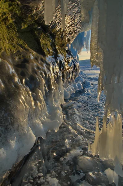 Rusland Zonsondergang Het Ijs Van Het Baikalmeer — Stockfoto