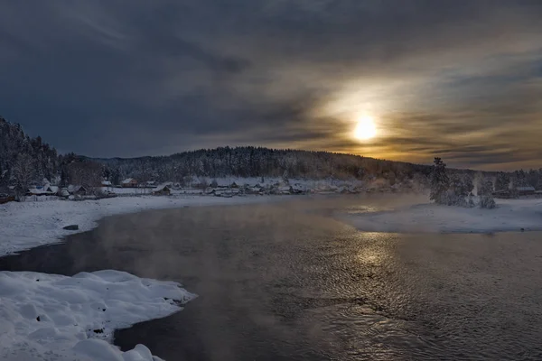 Russie Montagne Altaï Tôt Matin Hiver Dans Village Kebezen Sur — Photo