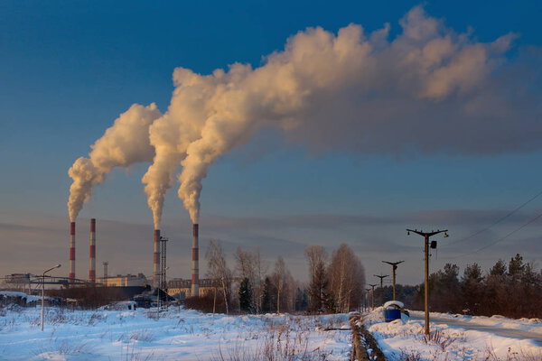 Russia. South Of Western Siberia, Kuzbass. Winter sunset in the industrial zone of the city of Myski.